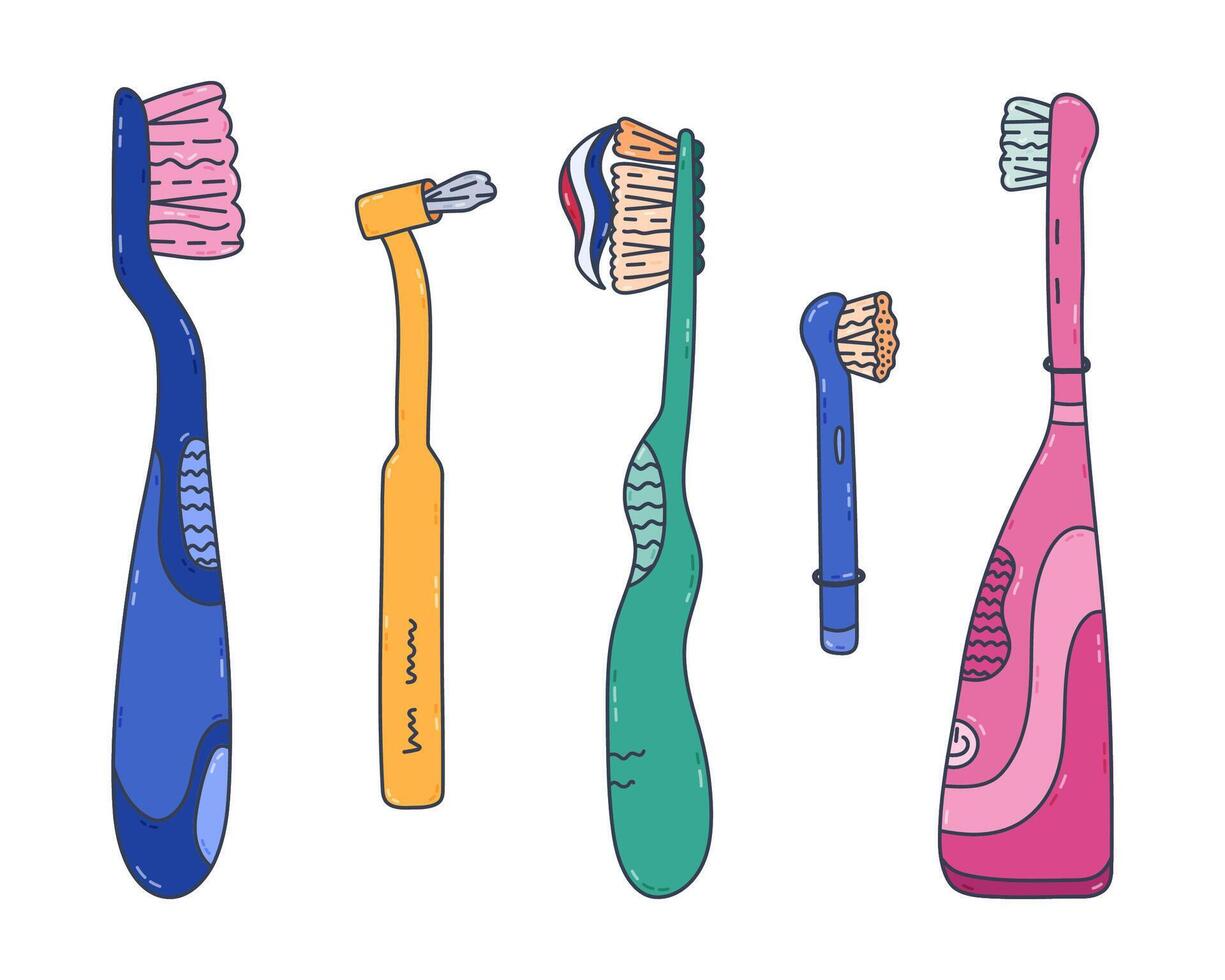 Lovely colored doodle toothbrushes set different colors and size. Manual, electric, for cleansing braces, removable nozzle of tooth brush. Cute hand drawn dental hygiene clipart isolated on white. vector
