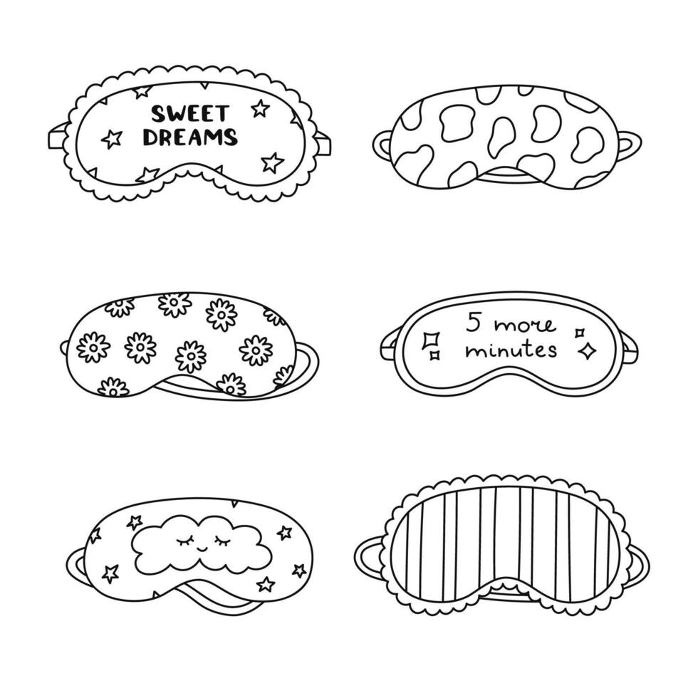 Lovely black and white sleeping mask set with animal pattern, wide lines, cloud, funny lettering. Cute hand drawn eye mask for comfortable dreaming. Patterned bedtime accessory doodle collection. vector