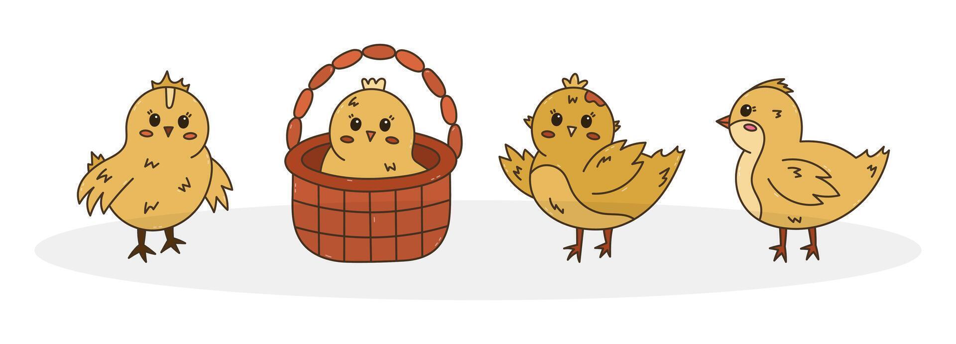 Cartoon doodle set with lovely chick in different poses. Young baby chicken waving hello with wings, in the basket, side view. Cheerful hand drawn farm bird as symbol of Easter isolated on background vector
