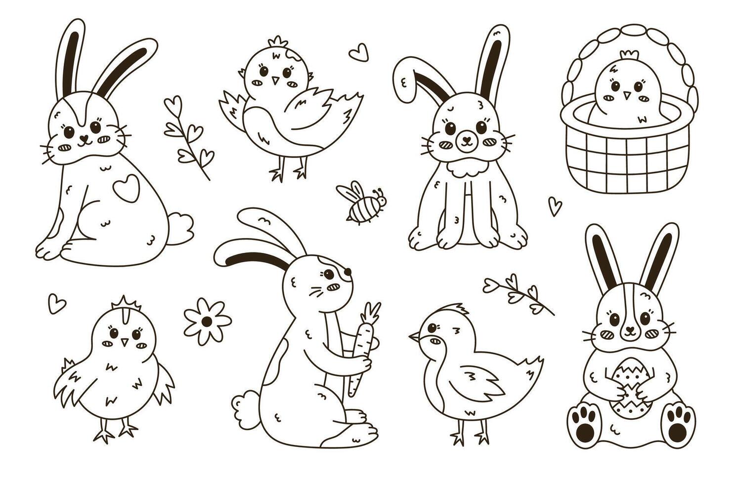 Lovely sketch doodle set with Easter bunny and baby chick in different poses. Funny hand drawn rabbit holding Easter egg, with bent down ear, chicken waving wings. Symbol of religious spring holiday. vector