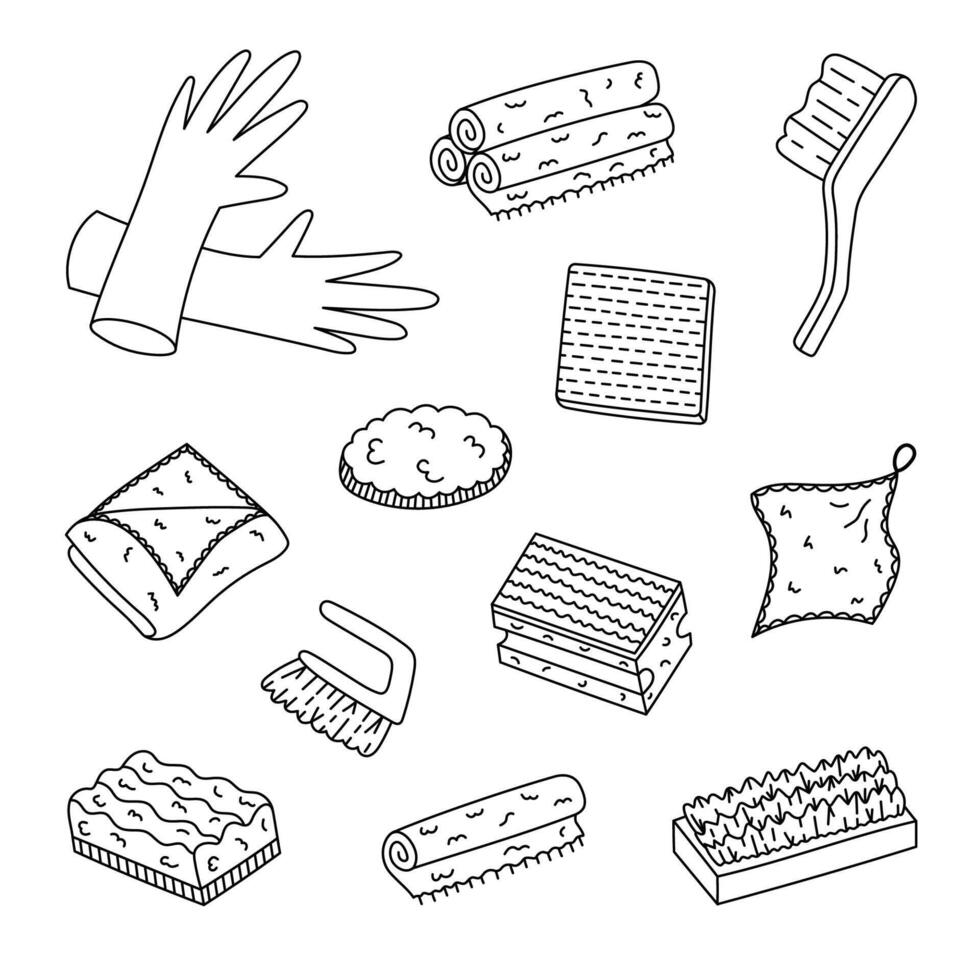 Childish line doodle set with tools for cleansing home. Hand drawn protective rubber gloves, scrub sponge and brushes, rags, cloth. Black and white of supply for housework isolated on white. vector
