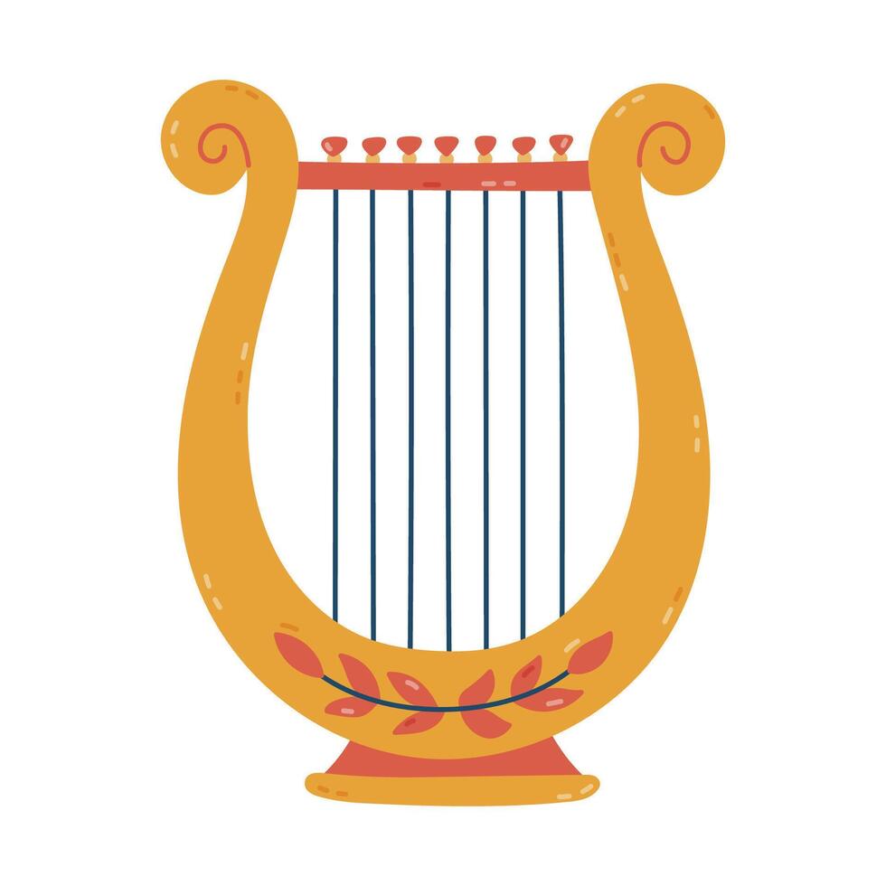 Lovely antique Greek lyre with leaves decoration. Classical musical string instrument from ancient Greece. Hand drawn cartoon symbol of theater and culture, opera, orchestra, mythology god Apollo. vector
