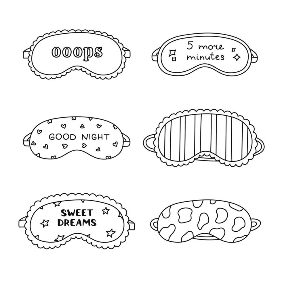 Lovely outline sleeping mask set with line, cow pattern, scribble ornament, Oops lettering. Funny hand drawn girlish eye mask for perfect rest. Patterned dreaming accessory isolated on white. vector