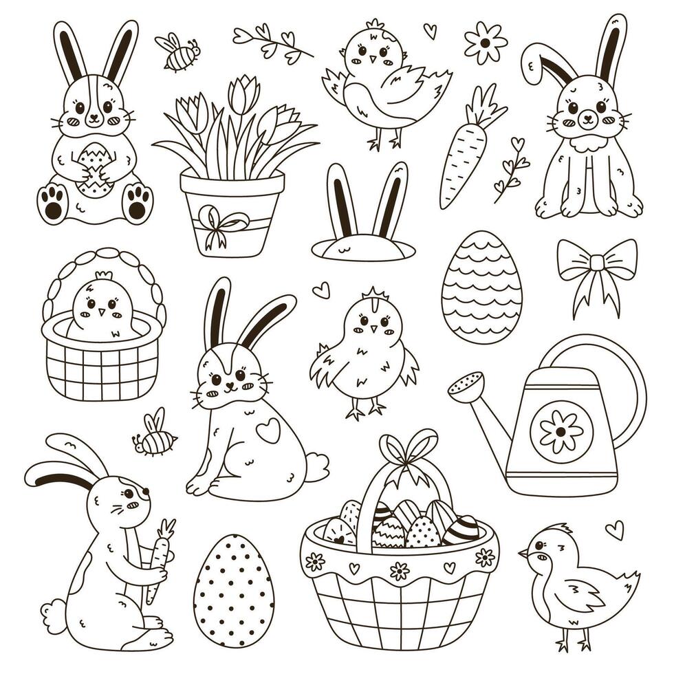 Lovely doodle Easter set with bunny character, funny chick, painted eggs, rabbit ears, spring flowers, bee, carrot. Easter egg hunt religious holiday collection with outline clipart isolated on white. vector