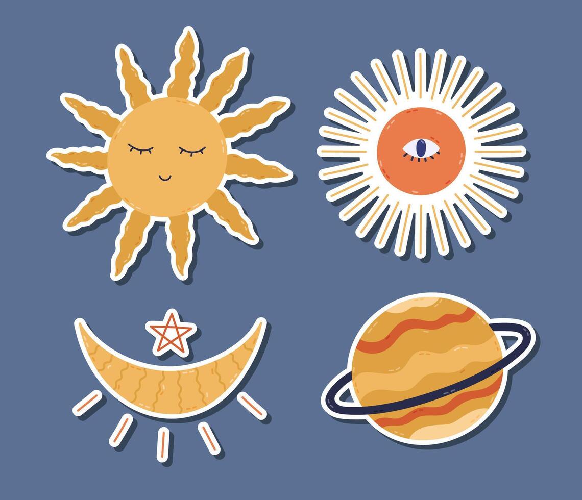 Lovely cartoon astrology sticker set for planners, notebooks, diary. Ready for print list of cute stickers of esoteric sun symbol with wavy rays, crescent moon, tarot sunshine with all seeing eye. vector
