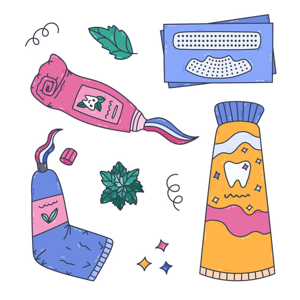 Lovely doodle in colors set of different toothpastes and teeth stripes for cleaning, whitening enamel. Hand drawn squeezing, rolled up, with closed cap tooth paste tubes isolated on white background. vector