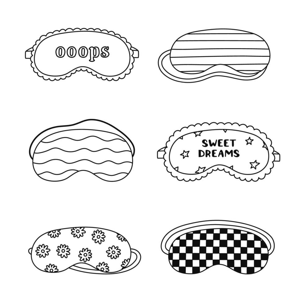 Lovely line doodle sleeping mask set with checkered pattern, sunflower, Sweet Dreams lettering, lace. Cute hand drawn girly eye mask for comfort rest. Bedtime accessory isolated on background. vector