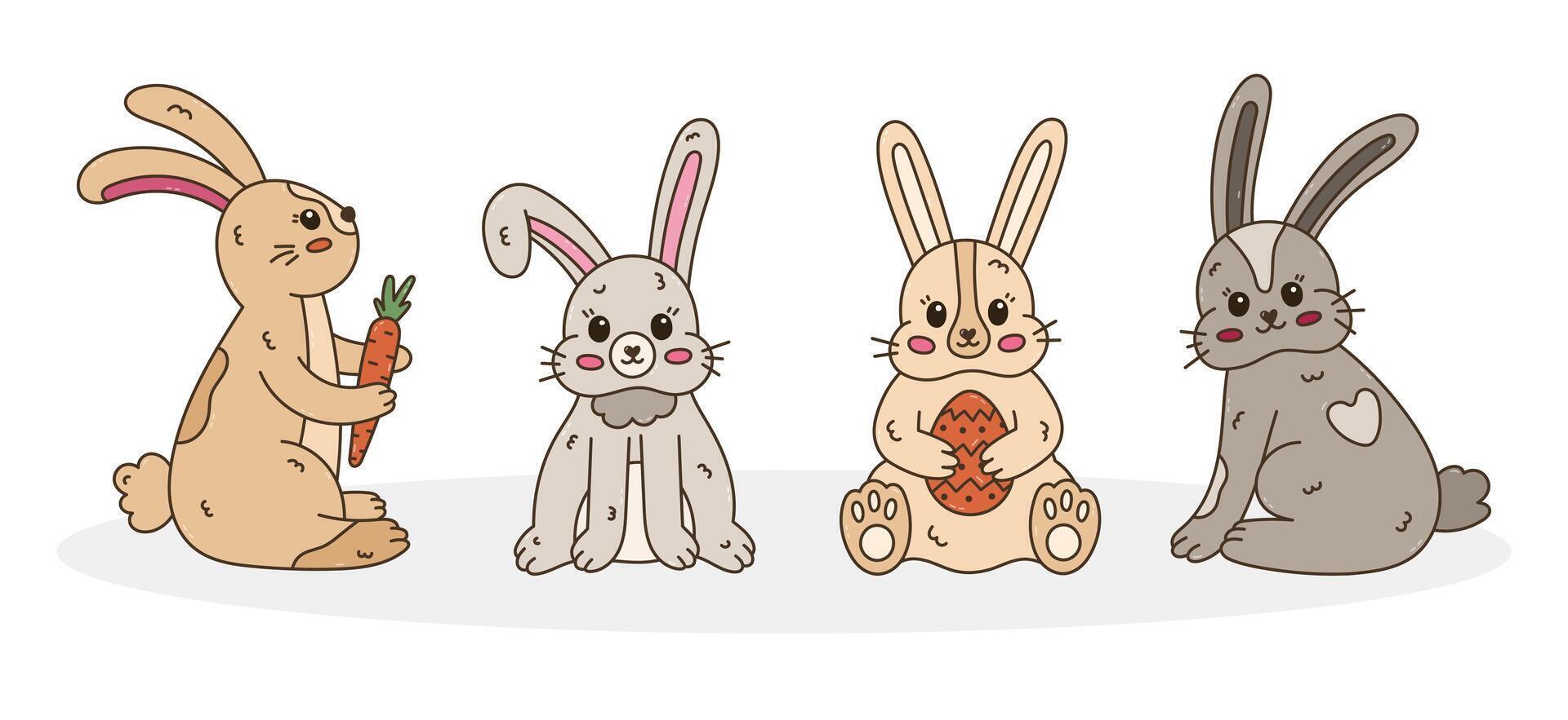 Lovely colorful doodle set with Easter bunny in different poses, fur. Hand drawn rabbit holding Easter egg, standing with carrot, bent down ear, back view. Symbol of traditional springtime holiday. vector