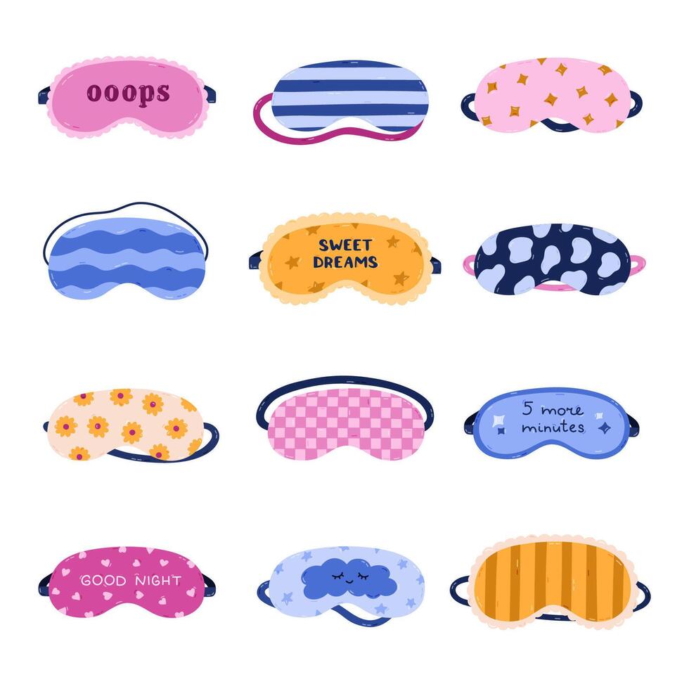 Big cartoon sleeping mask set with geometric, animal and flower pattern, lettering, lace decoration. Lovely hand drawn girly eye mask for total relaxation. Bedtime accessory isolated on white. vector