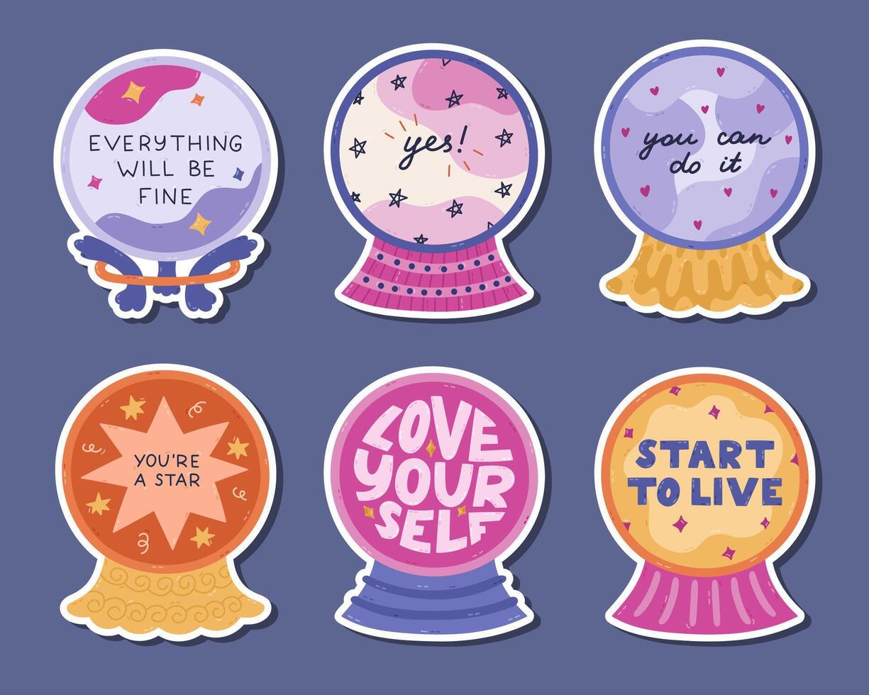 Lovely cartoon sticker set with magical crystal ball with positive forecast for planners, notebooks. Ready for print list of cute stickers of glass ball of fortune teller with motivational lettering. vector