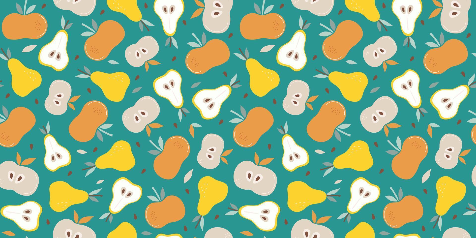 Apple, pear. Seamless pattern. Set of simple abstract fruits. Vitamin natural food, slices and whole fruits. Color flat illustration. vector