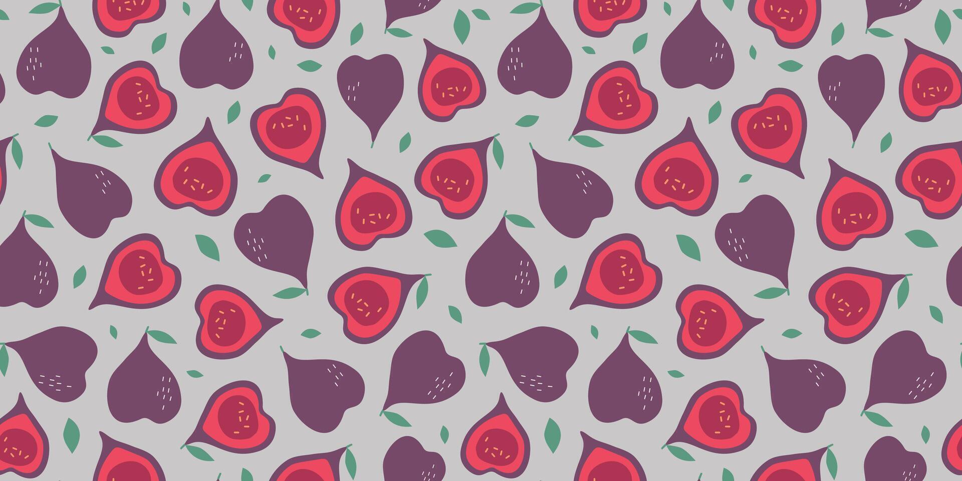 Fig, simple abstract fruits and leaves. Seamless pattern. Vitamin natural food, slices and whole fruits. Colored flat illustration, graphics. vector