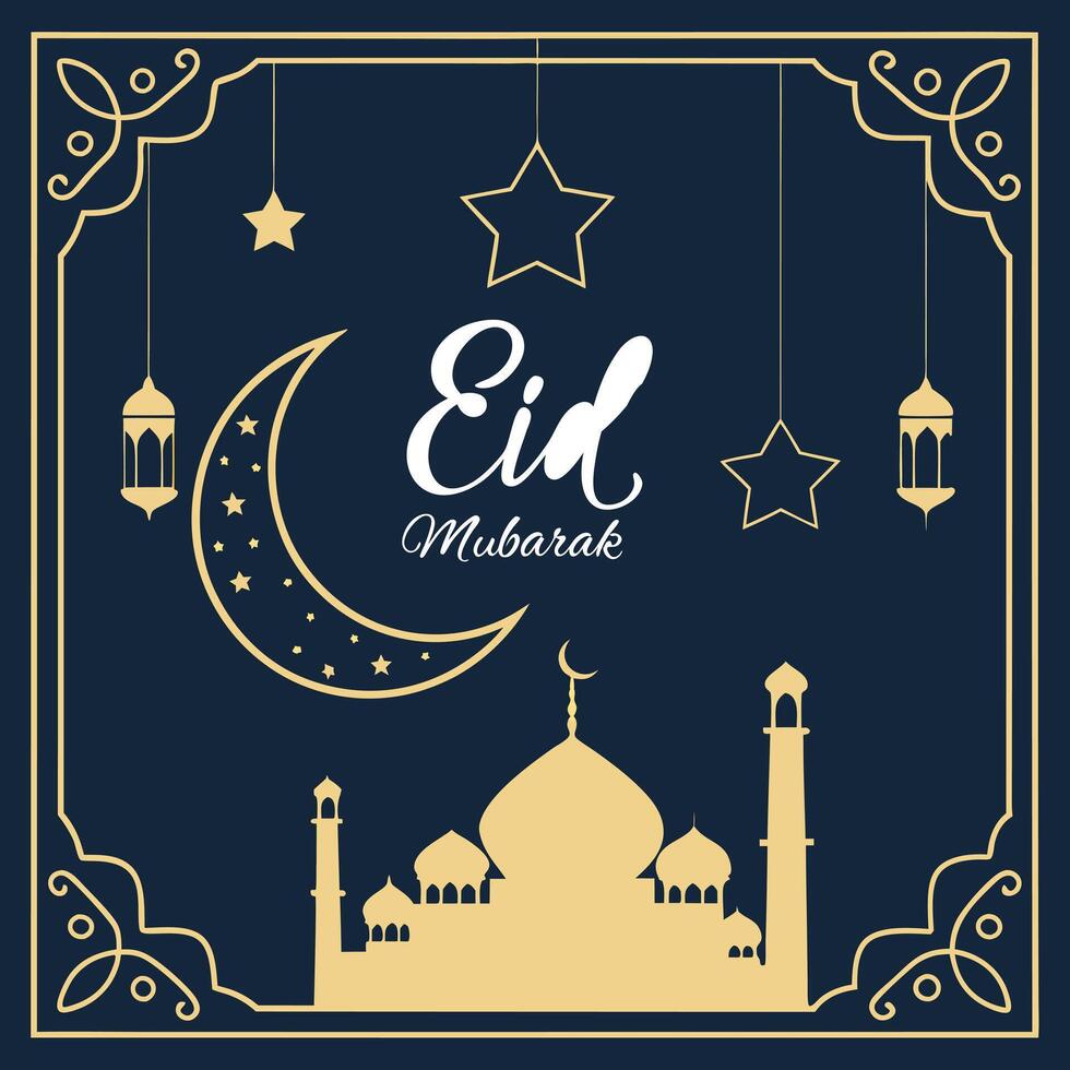 Eid Mubarak Celebration Card with Crescent Moon, Mosque and Lanterns vector