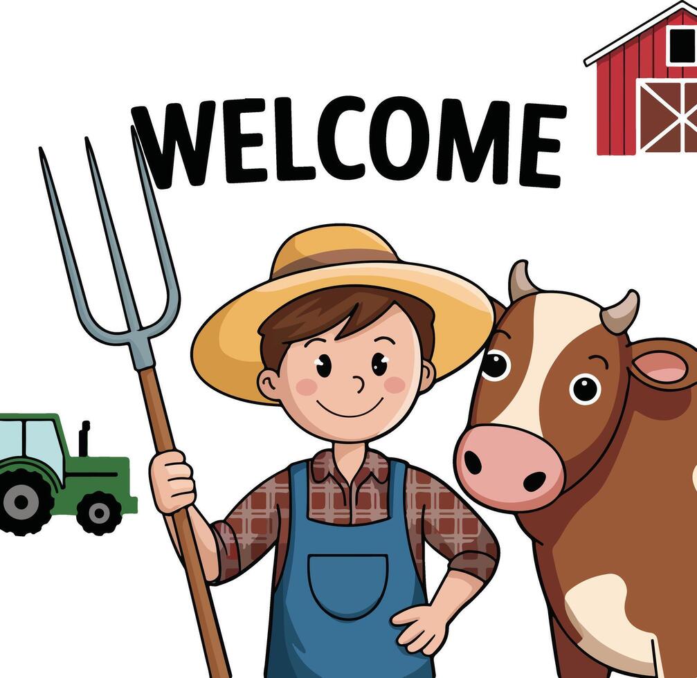 a farmer and cow with the words welcome vector