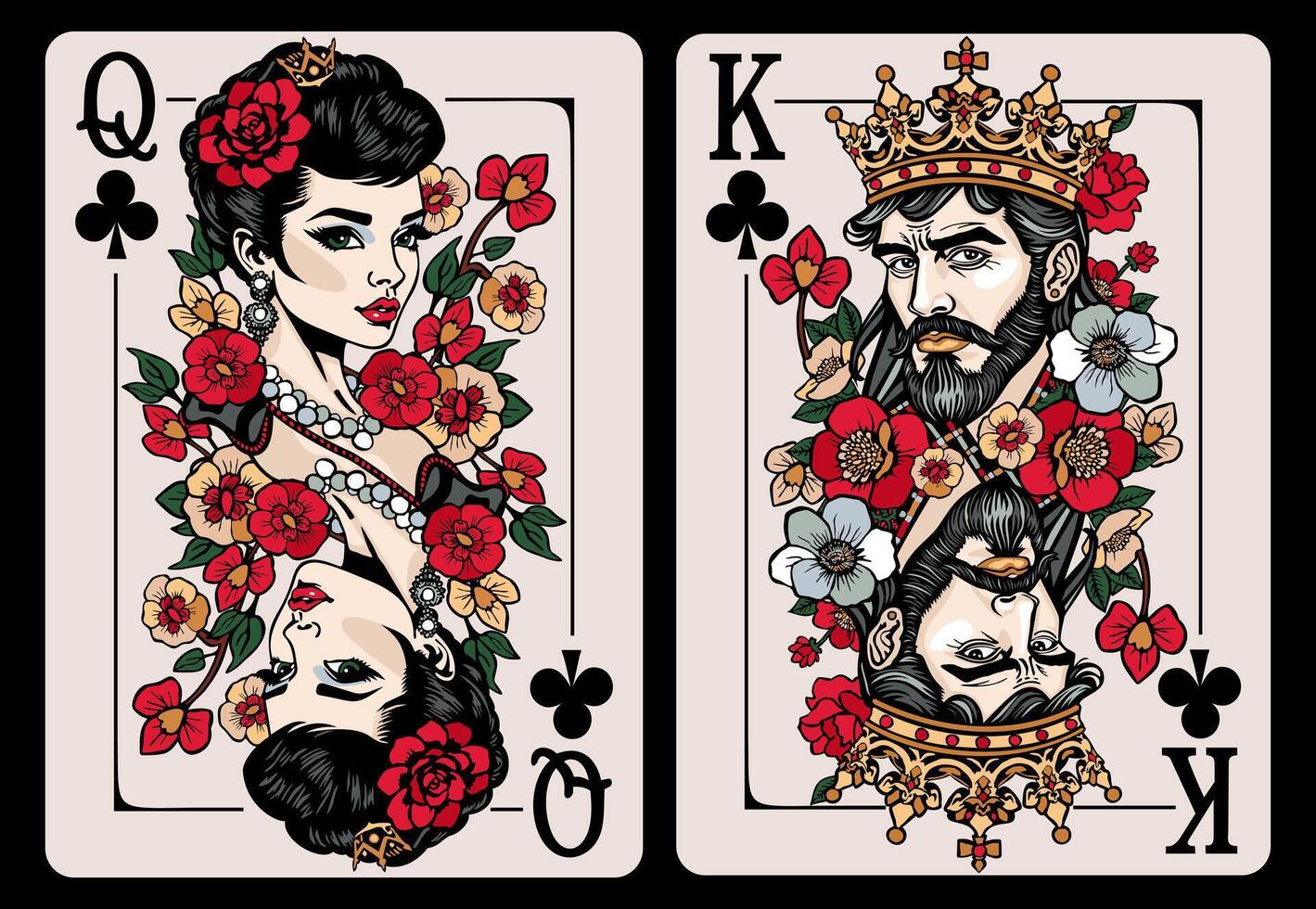 Queen of Clubs and King of Clubs. Playing cards vector