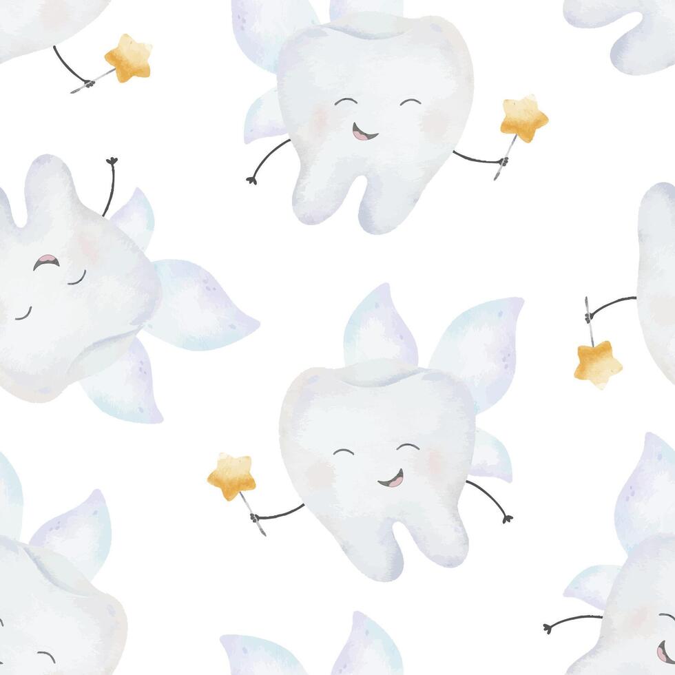 Baby Tooth fairy with wings and magic wand. Kawaii Character first tooth. Hand drawn watercolor kids seamless pattern. Background for pediatric dentistry, National Tooth Fairy Day, textile, wrapping vector
