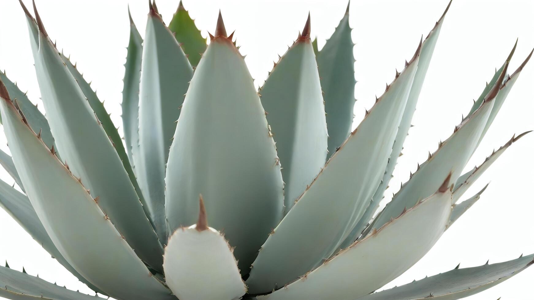 Close-up of a bluish-green agave plant with sharp, pointed leaves against a white background. photo