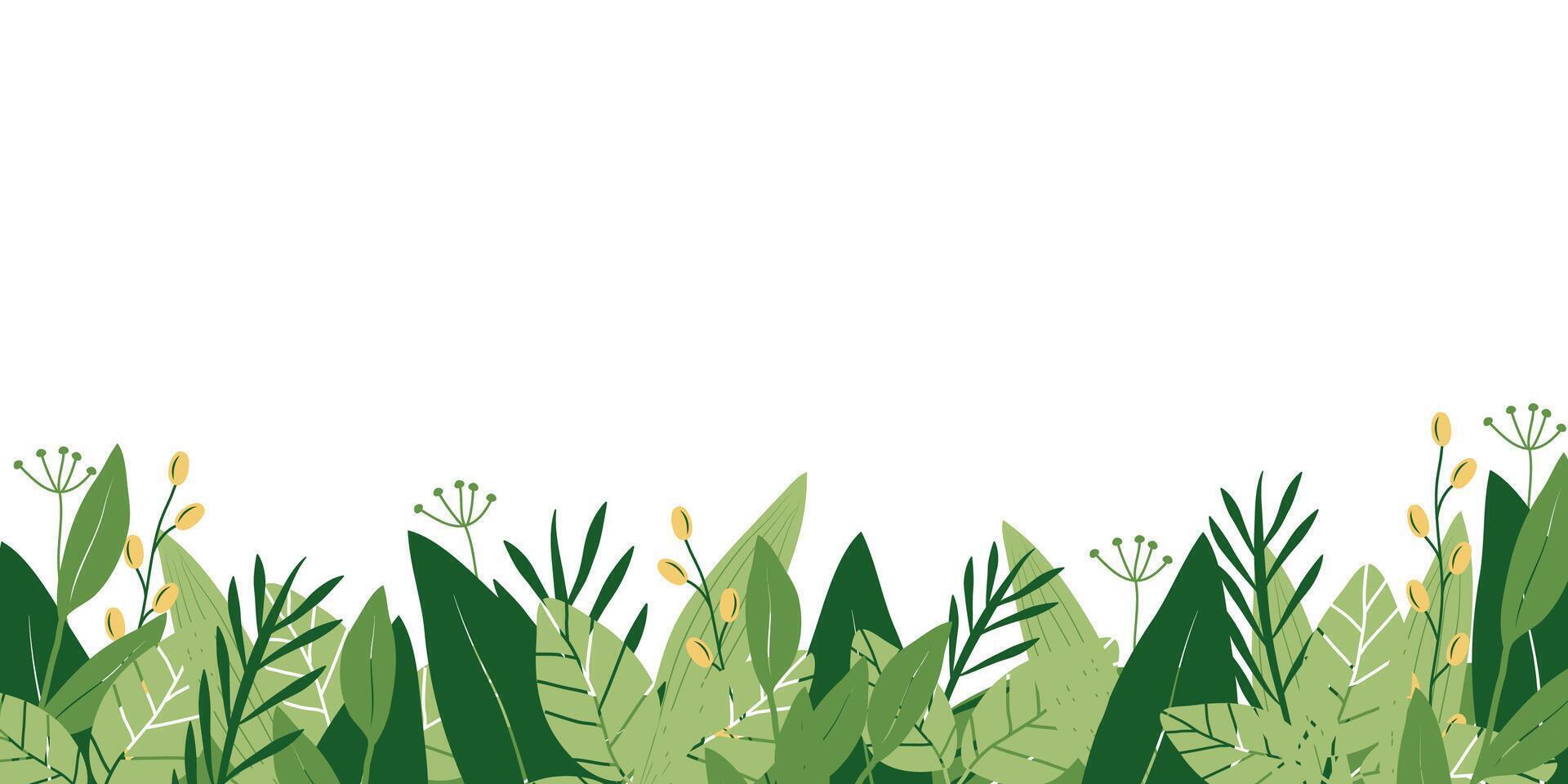 Bottom horizontal seamless illustration, a banner with a summer leaf frame. Green leaves and stems decorate the frame in summer and spring colors. A template for summer postcards and sale ads. vector