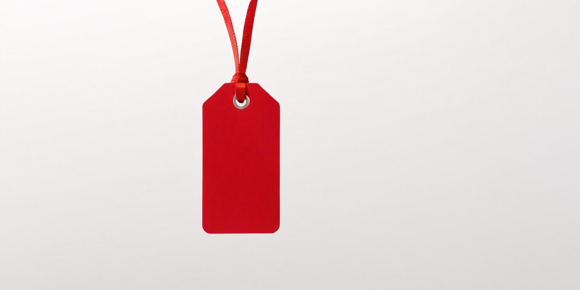 Red tag hanging on a red ribbon against a white background. photo