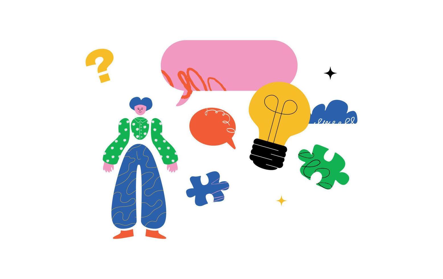 A whimsical illustration featuring a stylized human figure, speech bubbles, a light bulb and puzzle pieces, and a question mark. A metaphor for finding solutions and solving problems. vector