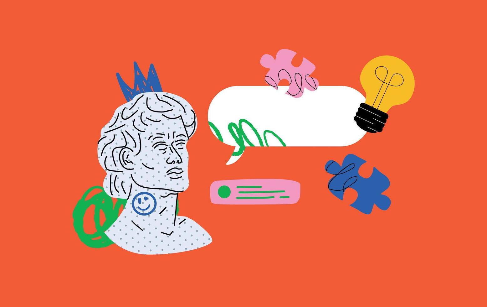 A vivid illustration with a classic bust, speech bubbles, a light bulb and puzzle pieces. A provocative composition that symbolizes ideas, communication and creativity. vector