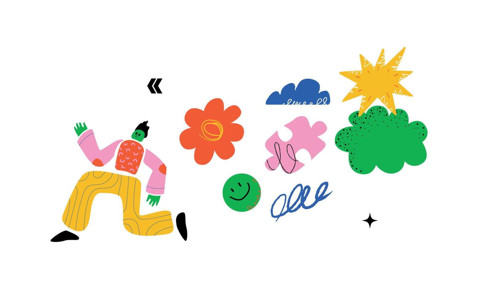 A vivid illustration with a stylized running character and various abstract figures on the back. A symbol of getting rid of overwork and a multitude of tasks. vector