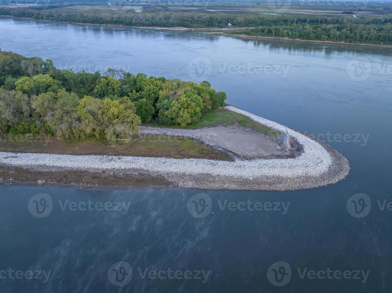 upstream entry to the Chain of Rock Bypass Canal from Mississippi River above St Louis, aerial view at October dawn photo