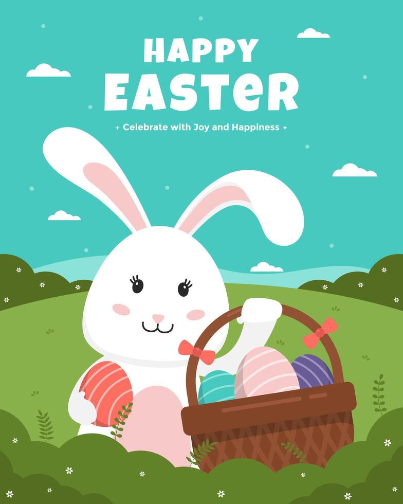 Easter poster template with bunny holding a basket of eggs. Happy Easter poster template with meadow and rabbit vector