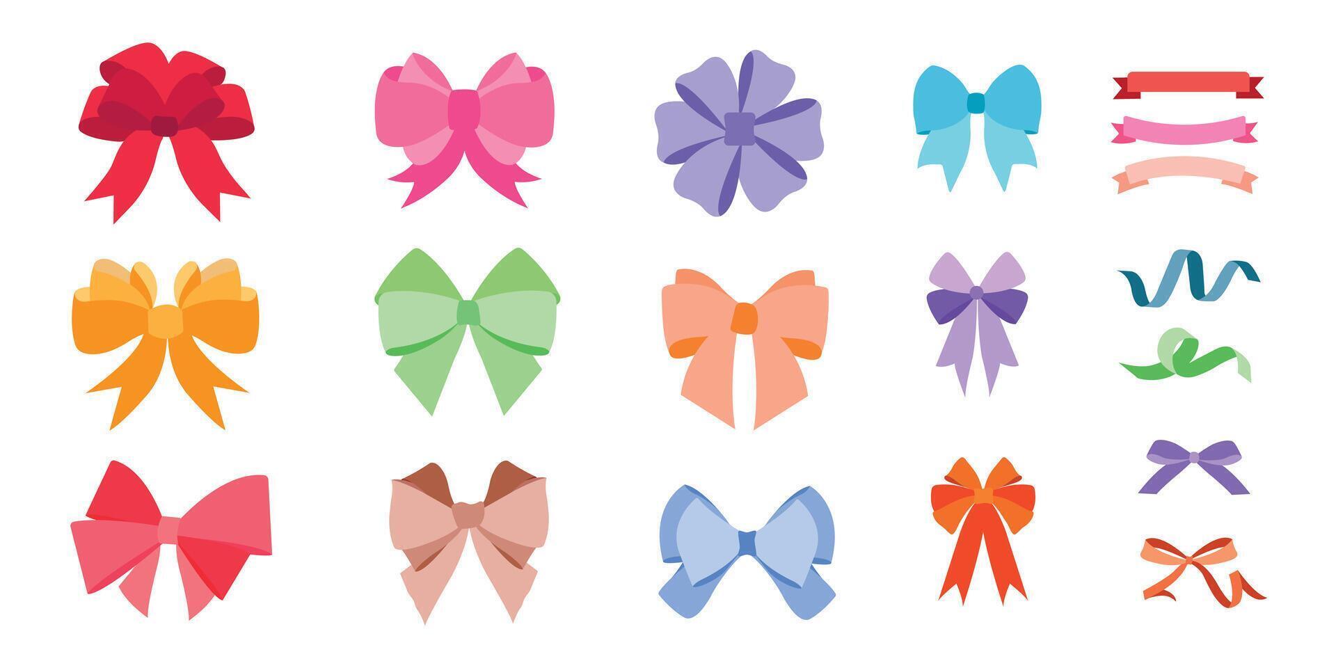 Multicolored flat handmade organic bows in modern style on white background. Ideal for fashion jewelry. Large selection of bow ties for different occasions. EPS10 vector
