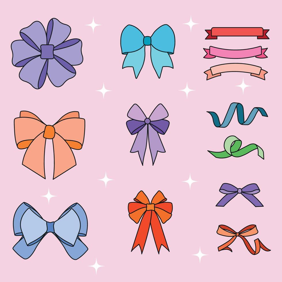 Whimsical Hand Drawn Flat Organic Bows in a Modern Style. Perfect for Trendy Decorations. Big Set of Bowties for Various Occasions. vector