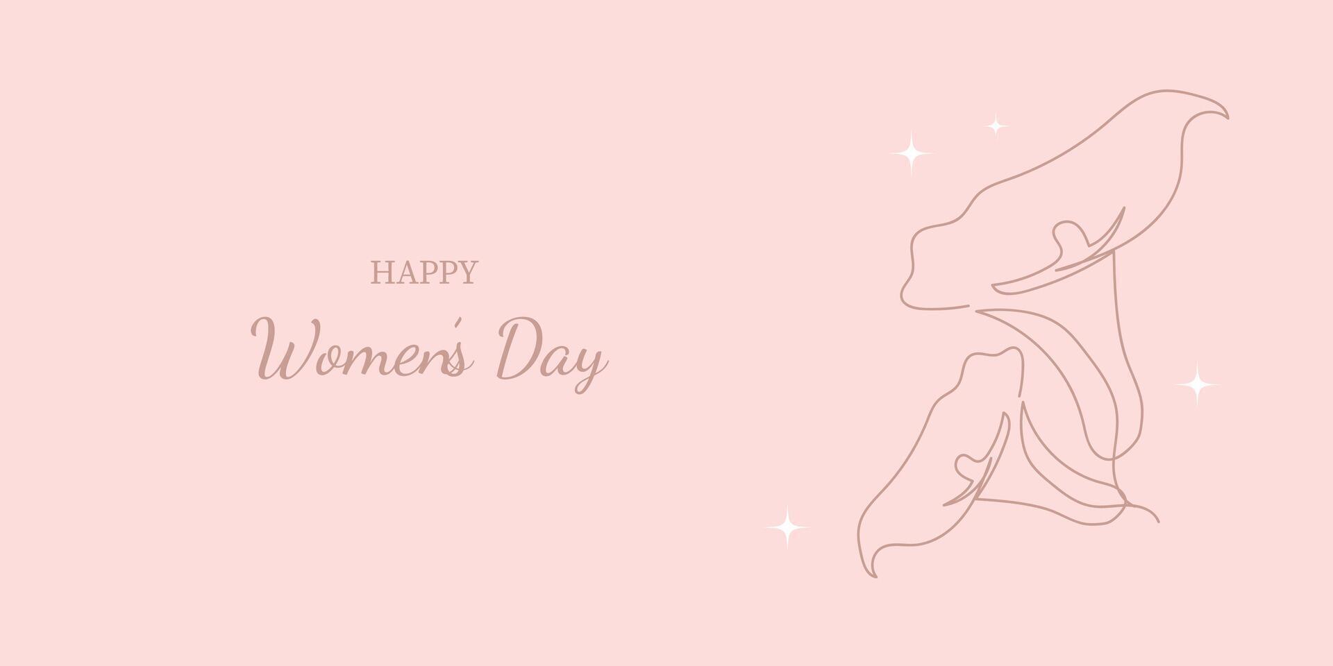 Botanical illustration for Women's Day with line art and delicate fonts One line drawing of a calla lily. One line sketch in minimalist style with stars for print, banner, card or invitation. vector