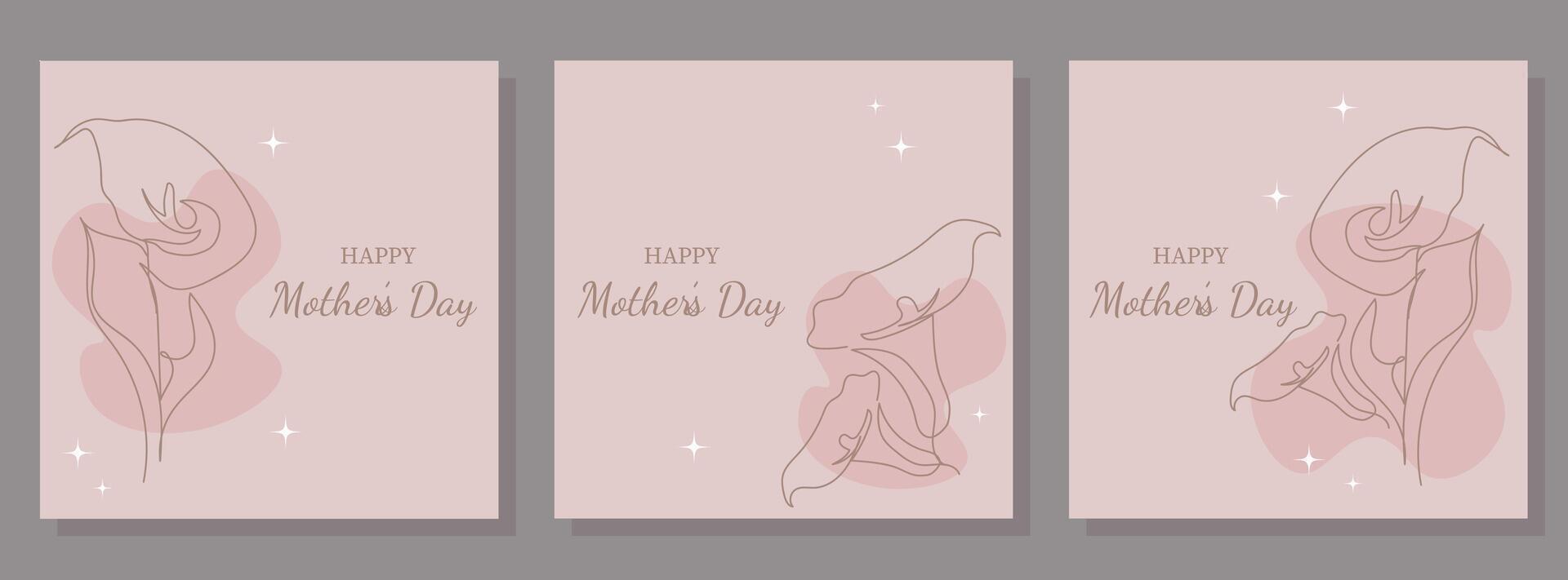 Botanical illustration for Mother's Day with line art and delicate fonts One line drawing of a calla lily. One line sketch in minimalist style with stars for print, banner, card or invitation. vector