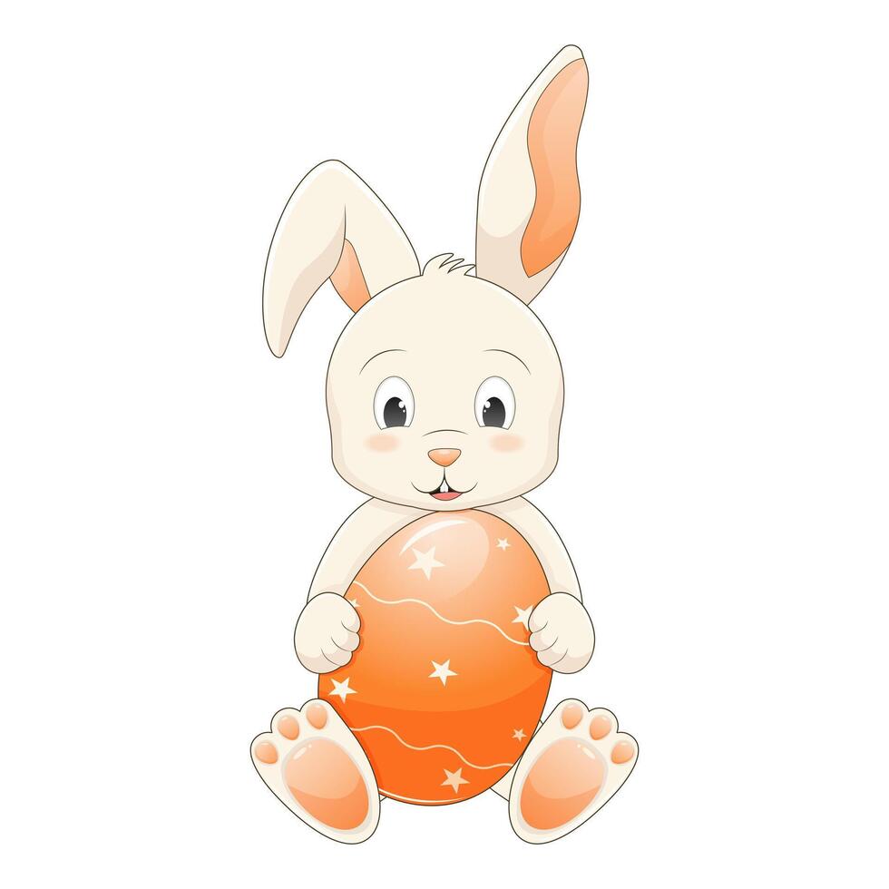 Happy Easter bunny rabbit with large ears sits and hold a bright orange Easter egg decorated with white stars vector