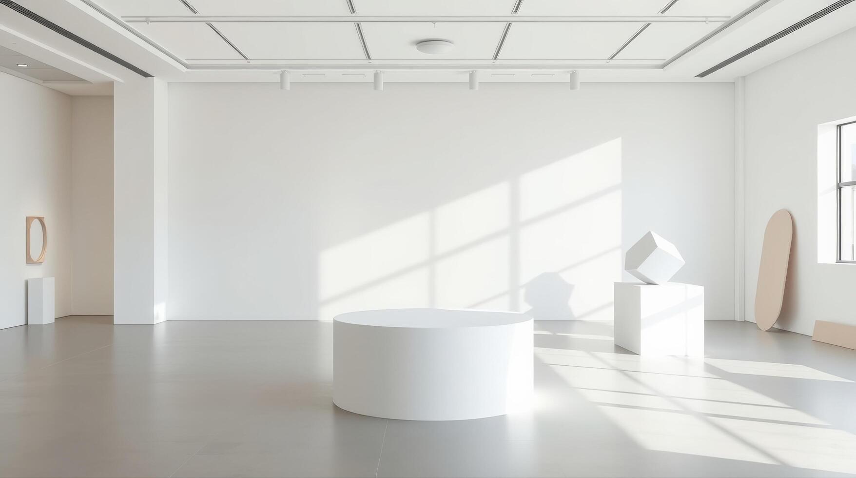 Cylindrical and rectangular platforms in a neutral background photo