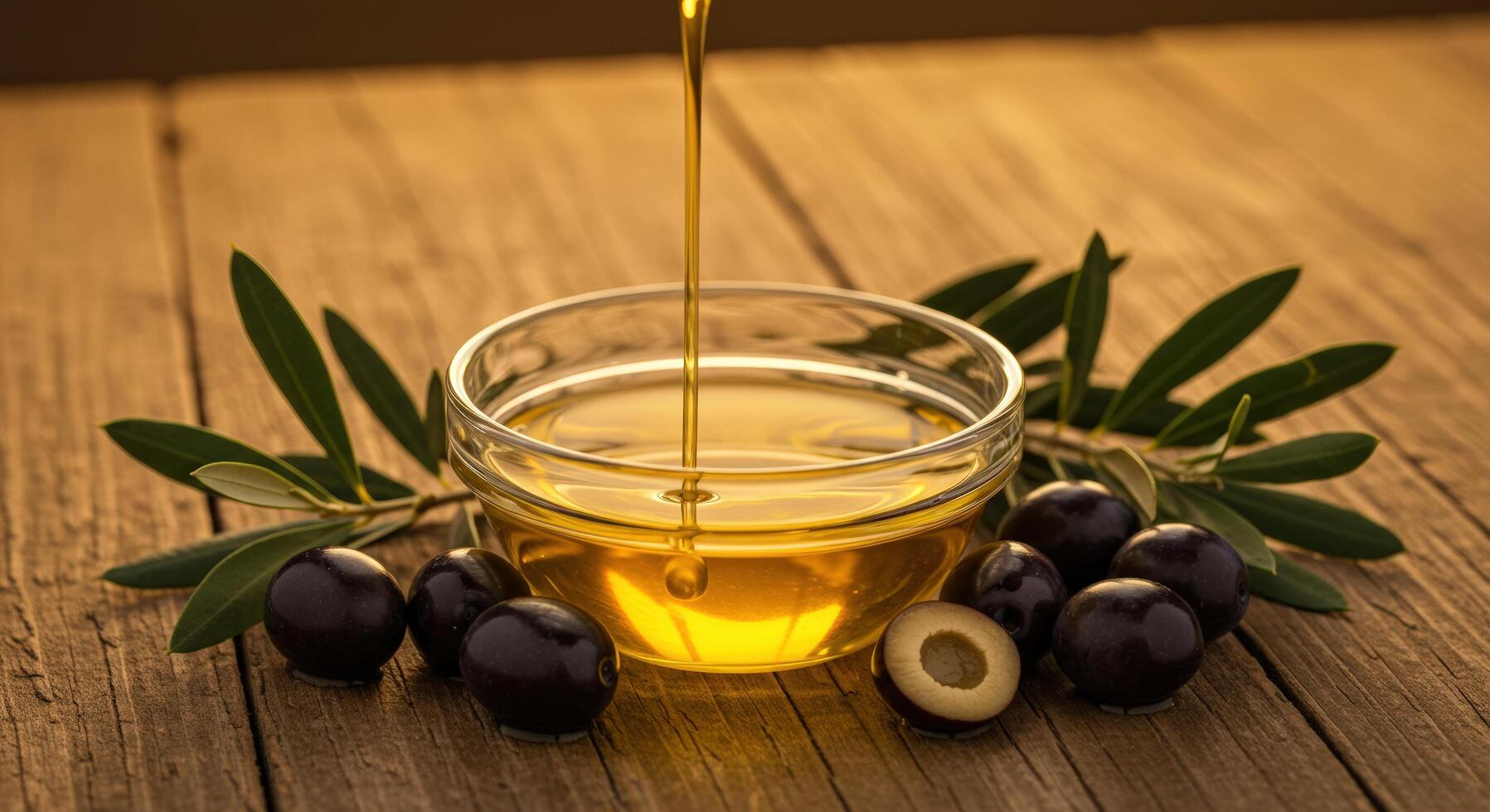 Morning Sunlight Illuminates Olive Oil and Green Leaves. photo