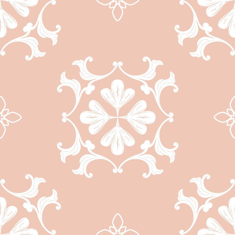 Luxury Magnificent Seamless Monogram Pattern White Scroll Ornament on Pink Clay Background Brilliant Arranged Classy Detailed Florals Timeless Modern Style Embroidery Silk Weaves Curly Filigree vector