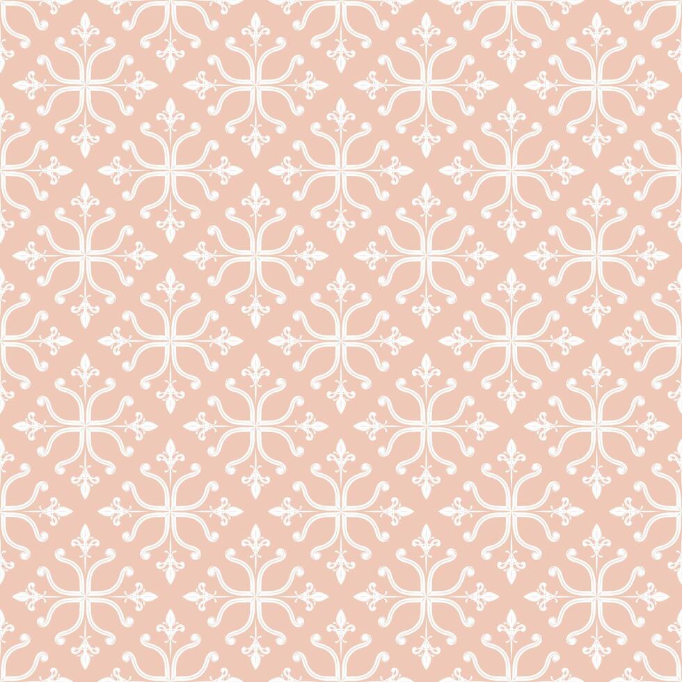 Classy Elegance Filigree Scroll Ornament Victorian Curly Line Repeat Detailed Art Decoration Seamless Pattern. Elaborate Handicraft Luxury White Silk Weaves Embroidery Jacquard on Pink Clay Background vector