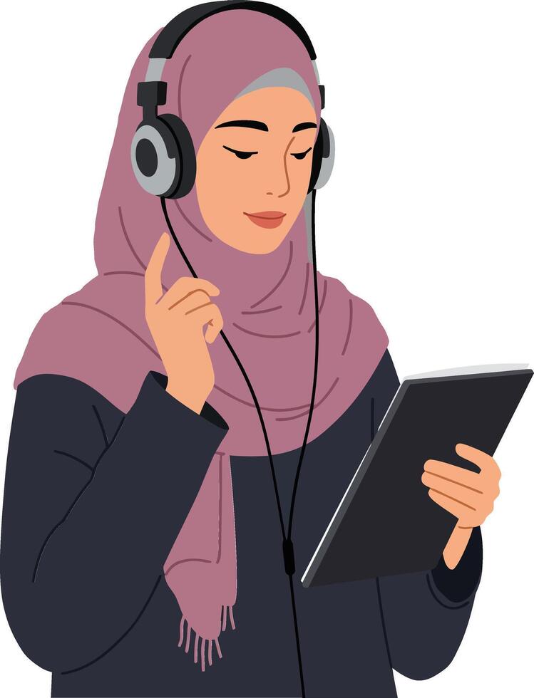 A woman in a stylish hijab wearing headphones while enjoying music on a tablet in a minimalist illustration vector