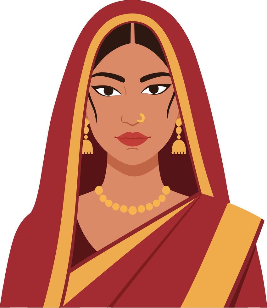 Elegant woman in traditional attire with intricate jewelry, wearing a vibrant red and gold sari in a flat illustration vector