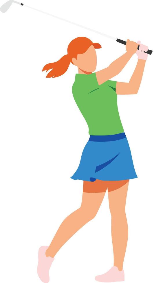 Female golfer in action swinging club, dressed in green top and blue skirt, minimal flat design illustration showcasing athleticism and focus vector