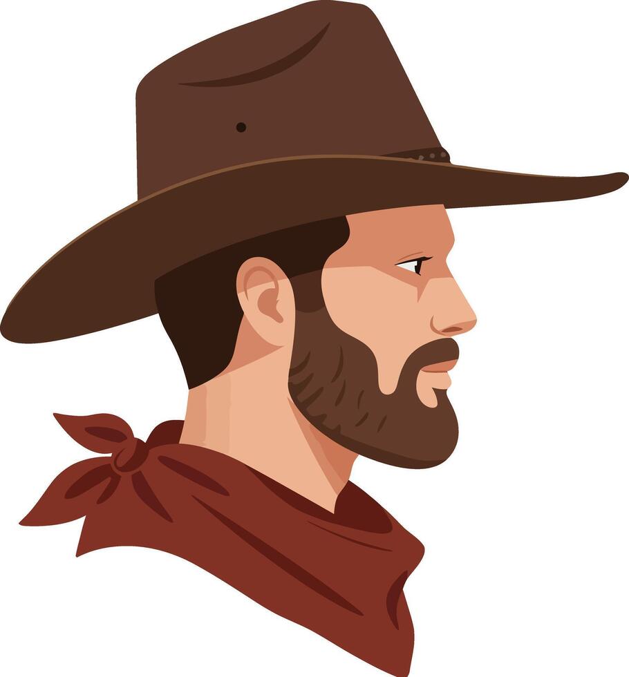 Cowboy character in profile wearing a brown hat and red bandana, minimal flat design illustration vector