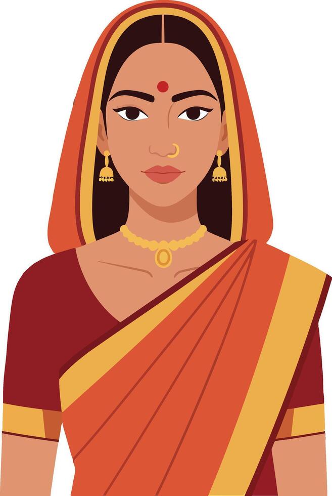 Traditional Indian woman in a vibrant orange and red saree with intricate jewelry in a flat illustration style showcasing cultural beauty and elegance in a serene setting art vector