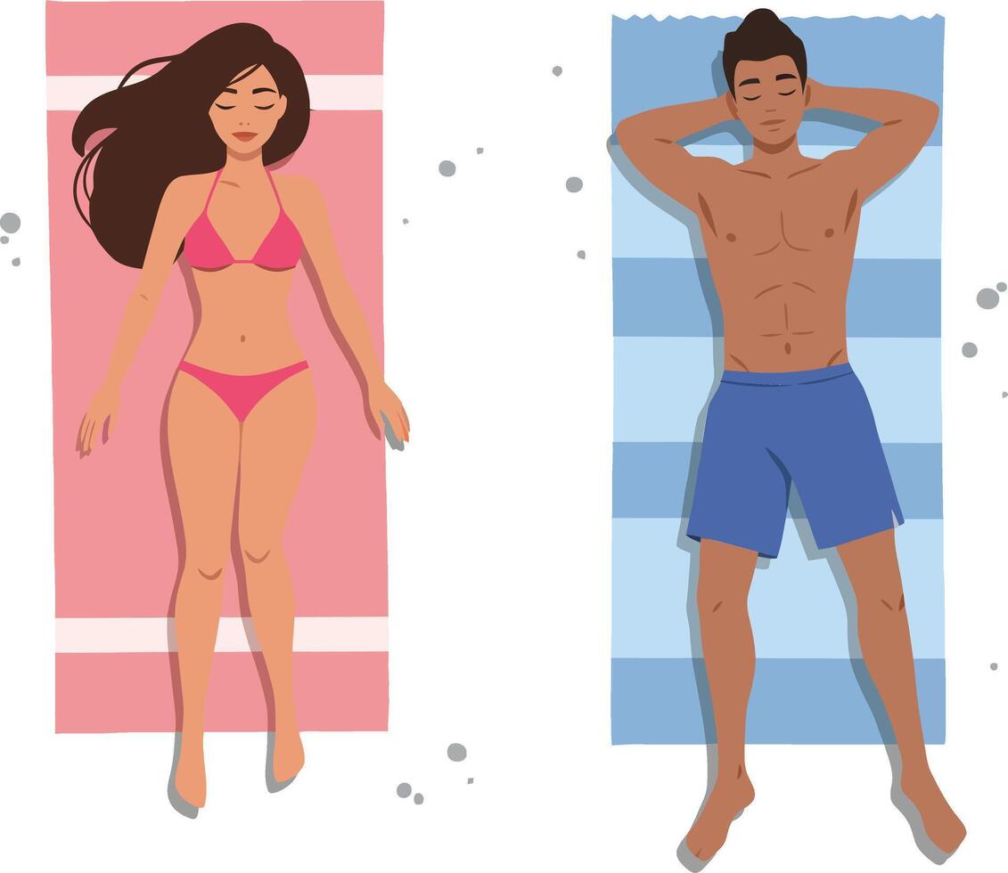 Two individuals relaxing on colorful beach towels under the sun in a flat, minimal illustration vector