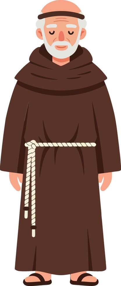 A wise elderly monk in a brown robe with a rope belt standing confidently, showcasing a minimal and clean design style in art vector