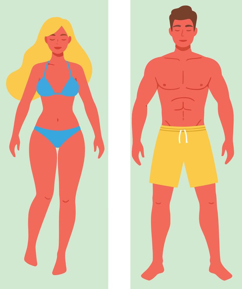 Two stylized characters, a woman in a bikini and a man in shorts, standing on a soft green background in flat art vector