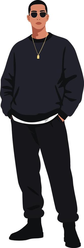 Stylish young man in casual black outfit with sunglasses, standing confidently in a relaxed pose, flat art vector