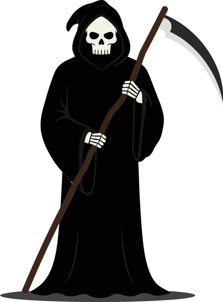 Grim Reaper character in a flowing black cloak holding a scythe, designed in a minimal and flat style, art vector