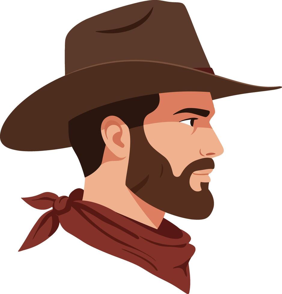 Cowboy with a rugged beard and wide-brimmed hat in a flat, minimal style illustration vector