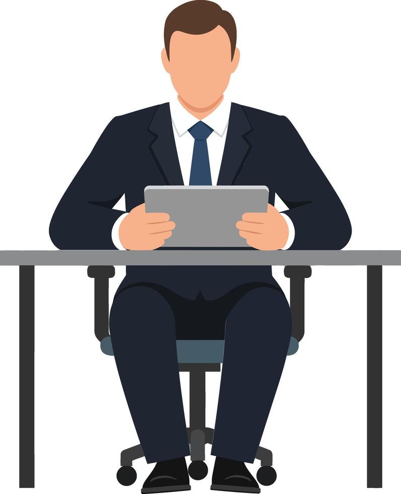 Businessman in a suit sitting at a desk holding a tablet in a flat style art vector