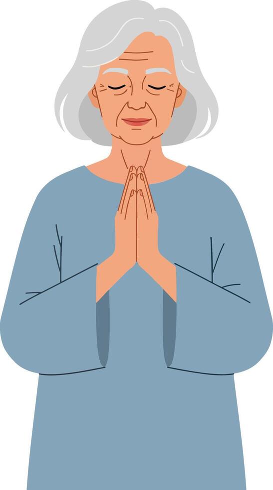 Elderly woman with gray hair and closed eyes in a peaceful pose wearing a blue robe, illustrated in a minimal art style vector